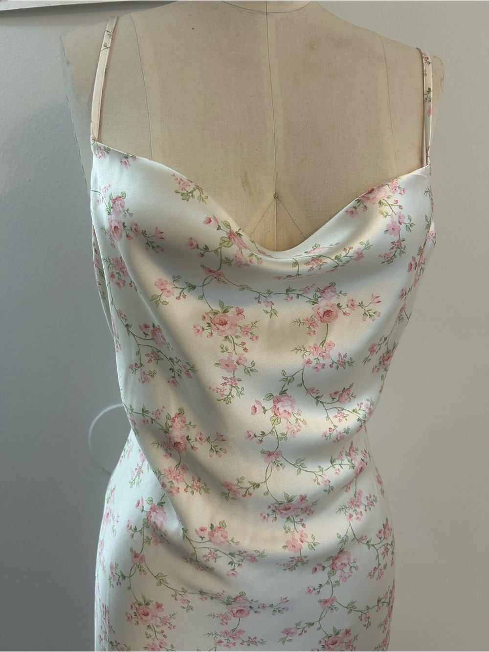Forever 21 White Satin Cowl Neck Slip Dress with Pink Floral Print